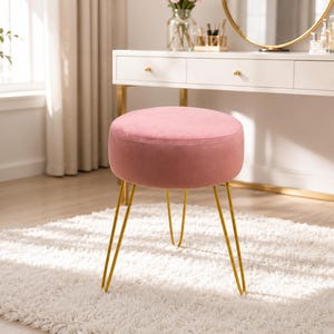 pink fluffy stool for dressing table Cute Pink Round Plush Makeup Dressing Table Stool with White Padded Steel Legs