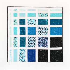 May include: A blue and white quilt with a variety of geometric patterns. The quilt is made up of 20 squares, each with a different pattern. The quilt is framed with a black border.