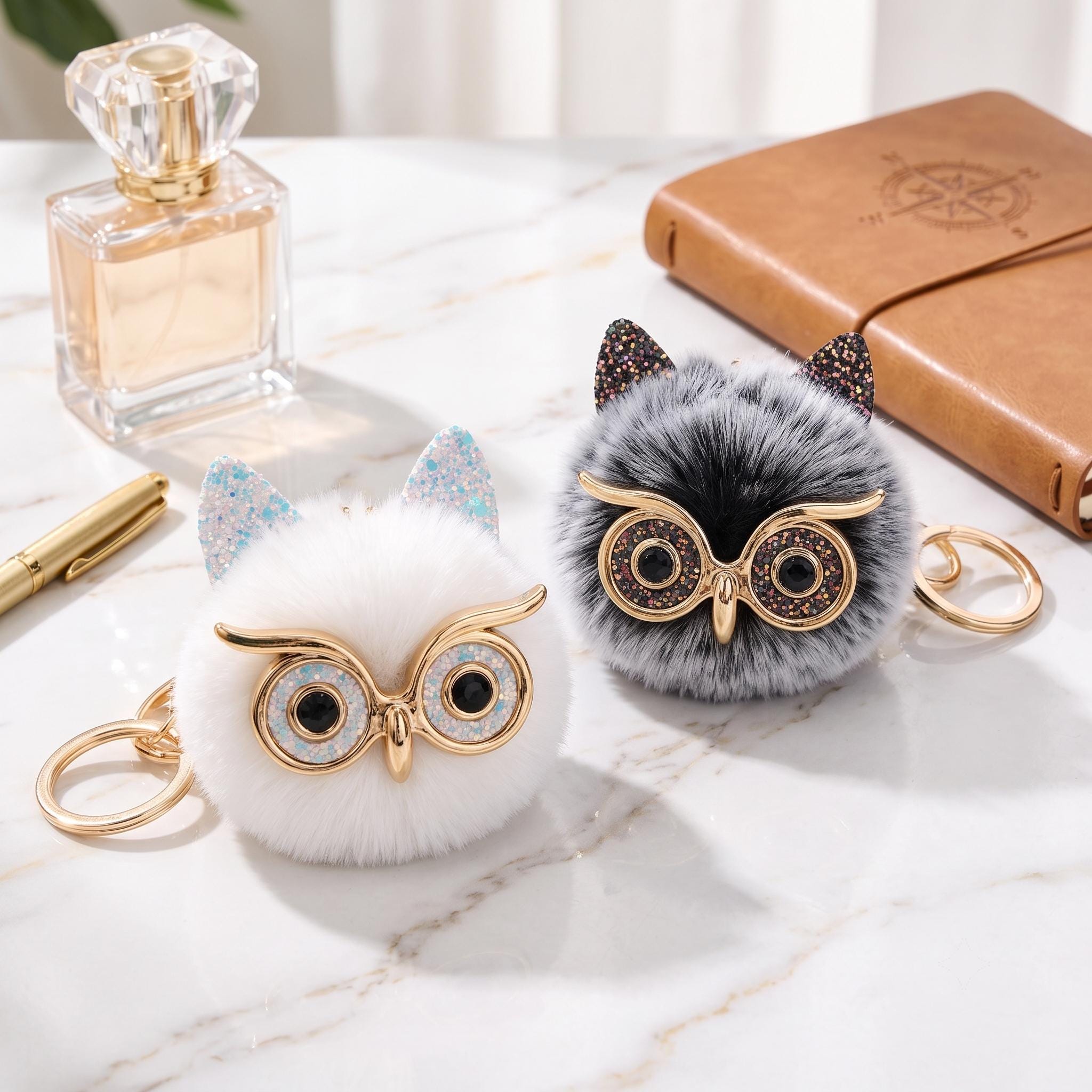 Cute Owl Pom Pom Keychain | Fluffy Faux Fur Bag Charm | Glitter Owl Ear Charm | Gold Hardware Access