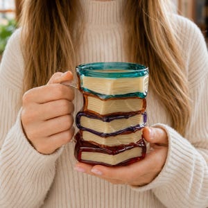 May include: A glass mug shaped like a stack of four books. Each book has a cream-colored page section and a distinct colored spine in teal, orange, purple, and dark red. The mug features a clear glass handle on the side for holding the vessel.