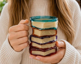 Stacked Books Glass Mug, 3D Book Coffee Cup, Book Lover Gift, Librarian Gift, Bookish Mug, Reading Accessories, Teacher Gift