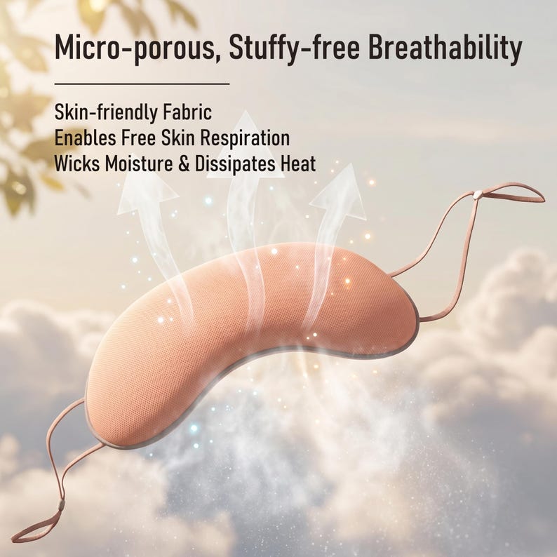 May include: A peach-coloured, curved travel pillow with a mesh-like texture and attached straps. The pillow is designed for breathability, with text indicating it's skin-friendly and wicks moisture. The background shows a cloudy sky.