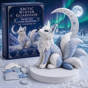 DIY Snow Fox Felt Craft Kit, Lunar Messenger Patchwork Set, Celestial Winter Animal Sewing Kit, Fantasy Fox Plush Making Gift