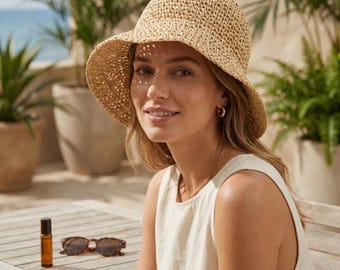 Crochet Straw Bucket Hat, Foldable Summer Sun Hat, Adjustable Raffia Beach Hat for Women, Packable Travel Sunhat, Face Slimming Boho Hat