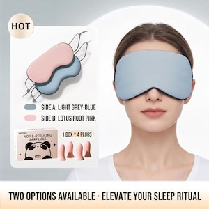 May include: A light grey-blue sleep mask and lotus root pink sleep mask with matching earplugs. The image includes the text "TWO OPTIONS AVAILABLE - ELEVATE YOUR SLEEP RITUAL" and "HOT". The earplugs come in a box with a panda illustration.