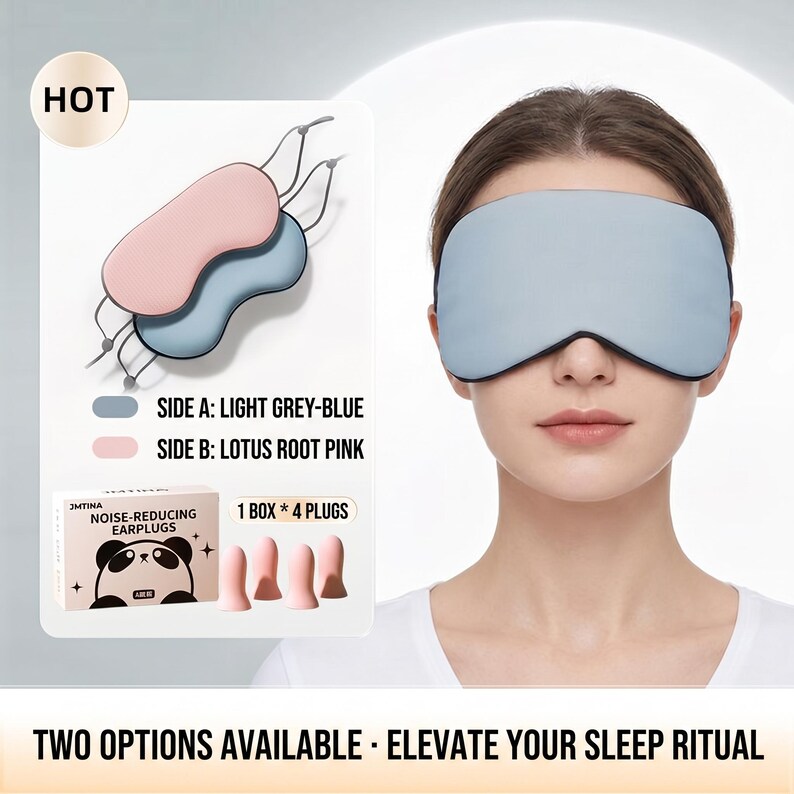 May include: A light grey-blue sleep mask and lotus root pink sleep mask with matching earplugs. The image includes the text "TWO OPTIONS AVAILABLE - ELEVATE YOUR SLEEP RITUAL" and "HOT". The earplugs come in a box with a panda illustration.