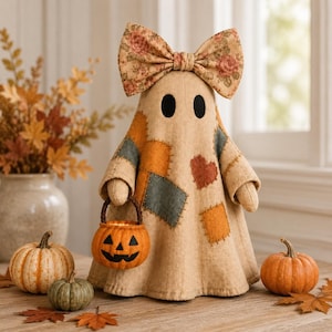 Puede incluir: Una figura de fantasma de tela beige con un gran lazo de estampado floral en la cabeza y detalles de patchwork en naranja, azul y marrón. El fantasma tiene dos ojos ovalados negros y sostiene un pequeño cubo de calabaza de plástico.