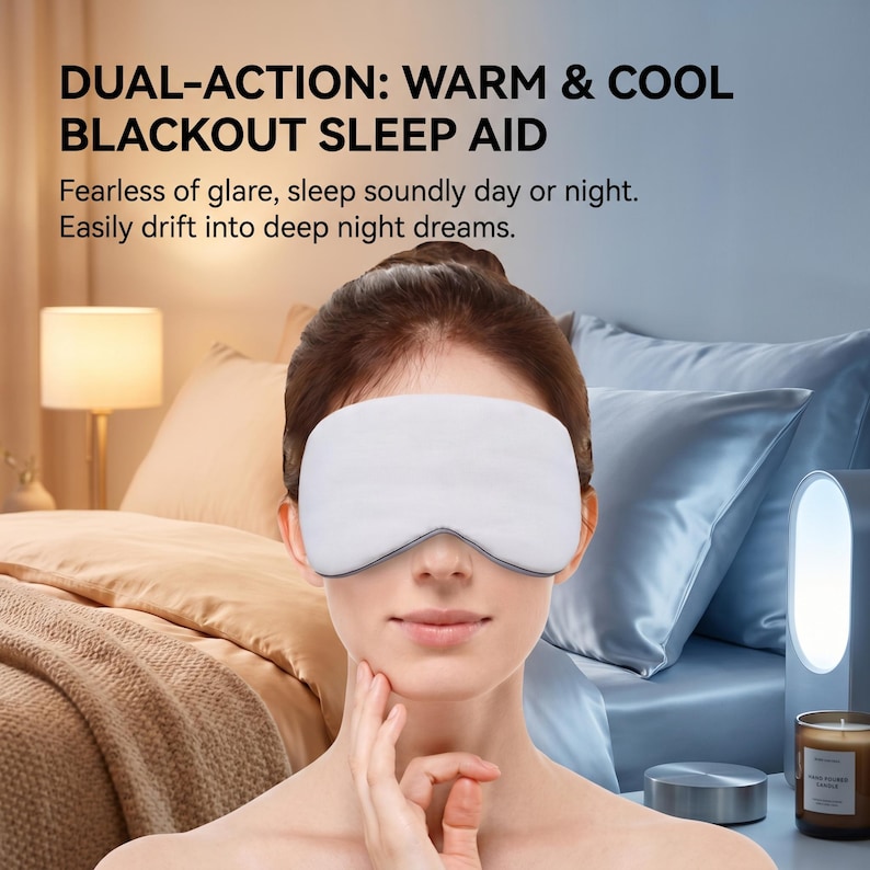 May include: A white blackout sleep aid eye mask with a dark grey trim is worn by a person. The image includes text that reads "DUAL-ACTION: WARM & COOL BLACKOUT SLEEP AID" and "Fearless of glare, sleep soundly day or night. Easily drift into deep night dreams."