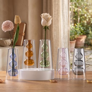 May include: A set of five clear glass vases, each featuring a double-walled conical exterior and a colorful interior with three stacked spherical chambers. The vases are colored in blue, amber, green, pink, and gray, holding single flower stems.