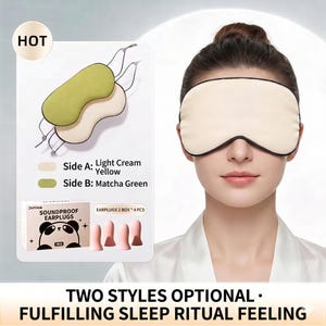 May include: A person wearing a cream-coloured sleep mask with a black trim. The image also shows a sleep mask with a light cream yellow and matcha green colour scheme, and a box of soundproof earplugs with a panda illustration. Text reads: "TWO STYLES OPTIONAL. FULFILLING SLEEP RITUAL FEELING."