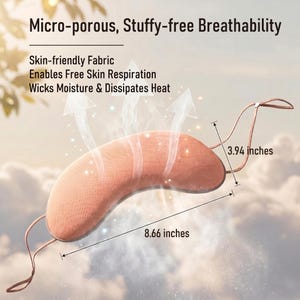 May include: A peach-coloured sleep mask with a curved design, measuring 22 cm long and 10 cm wide. The mask has a strap and features the text "Micro-porous, Stuffy-free Breathability". The image also includes text about the mask's skin-friendly fabric.