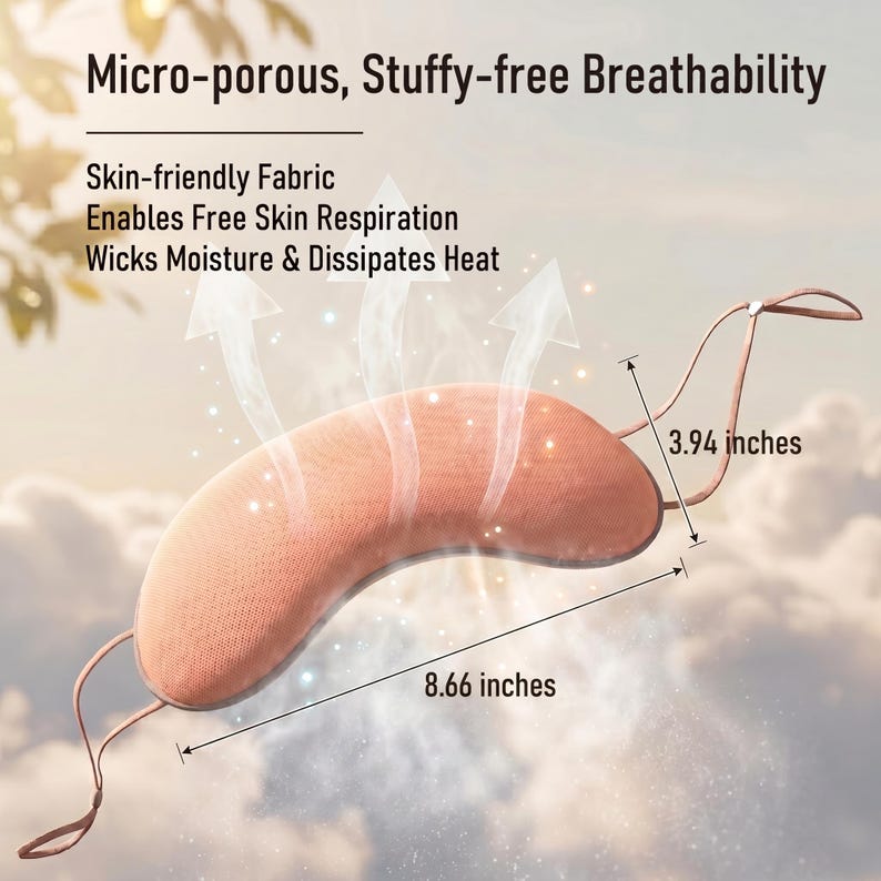 May include: A peach-coloured sleep mask with a curved design, measuring 22 cm long and 10 cm wide. The mask has a strap and features the text "Micro-porous, Stuffy-free Breathability". The image also includes text about the mask's skin-friendly fabric.