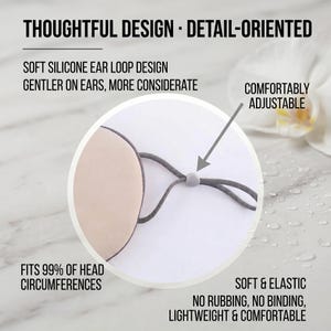 May include: A beige face mask with grey adjustable ear loops. The mask is described as soft, elastic, and comfortable, with a design that is gentle on the ears. Text on the image reads: "Thoughtful Design - Detail-Oriented."