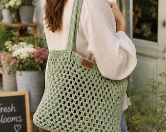 Crochet Market Bag Pattern, Mesh Tote Bag, Beginner Reusable Farmers Market Bag, PDF Download