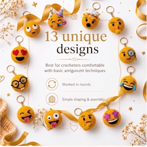 12 Crochet Emoji Keychain Patterns Bundle, Amigurumi PDF, Beginner Bag Charm Designs