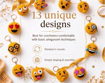 12 Crochet Emoji Keychain Patterns Bundle, Amigurumi PDF, Beginner Bag Charm Designs
