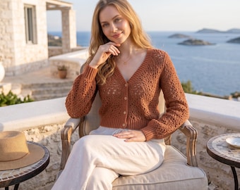 Beginner Crochet Cardigan Pattern PDF, Cropped Lace V Neck Button Cardigan Sweater, Sizes XS-5X