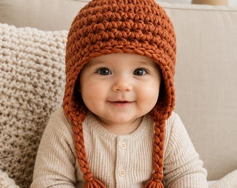 Crochet Baby Earflap Hat Pattern, Pom Pom Beanie, Beginner PDF Download All Sizes