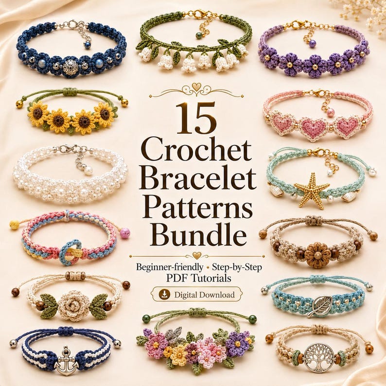 May include: A collection of 15 crochet bracelet patterns featuring various designs including flowers, hearts, a starfish, an anchor, and a tree of life. The text reads 15 Crochet Bracelet Patterns Bundle, Beginner-friendly Step-by-Step PDF Tutorials.