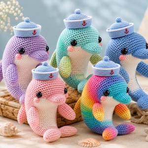 Modèle de dauphin au crochet, peluche amigurumi, PDF à télécharger pour débutants, animal en peluche arc-en-ciel