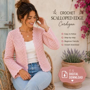 May include: A light pink crochet cardigan with long sleeves and a scalloped edge. The text on the image reads: CROCHET SCALLOPED EDGE Cardigan, Easy to follow, Step-by-step, Beginner friendly, Instant download, IT IS DIGITAL DOWNLOAD.