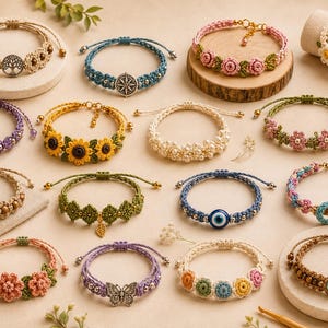 May include: A collection of fifteen handmade macrame bracelets featuring various designs including flowers, a tree of life, a butterfly, an evil eye, and sunflowers. The bracelets are crafted with colorful threads, beads, and metal charms.