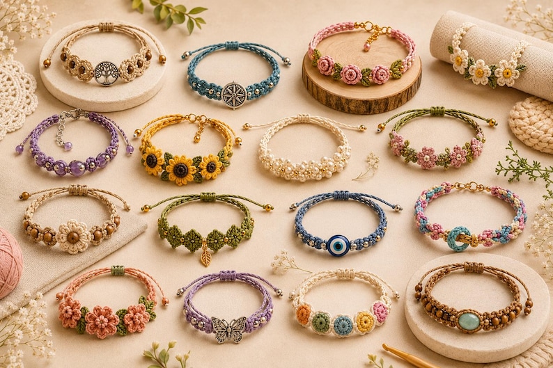 May include: A collection of fifteen handmade macrame bracelets featuring various designs including flowers, a tree of life, a butterfly, an evil eye, and sunflowers. The bracelets are crafted with colorful threads, beads, and metal charms.
