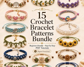 Crochet Bracelet Pattern PDF, 15 Easy Patterns Bundle, Beginner Crochet Jewelry Tutorial, Digital Download