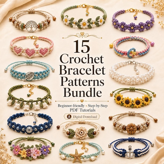 Crochet Bracelet Pattern PDF, 15 Easy Patterns Bundle, Beginner Crochet Jewelry Tutorial, Digital Download