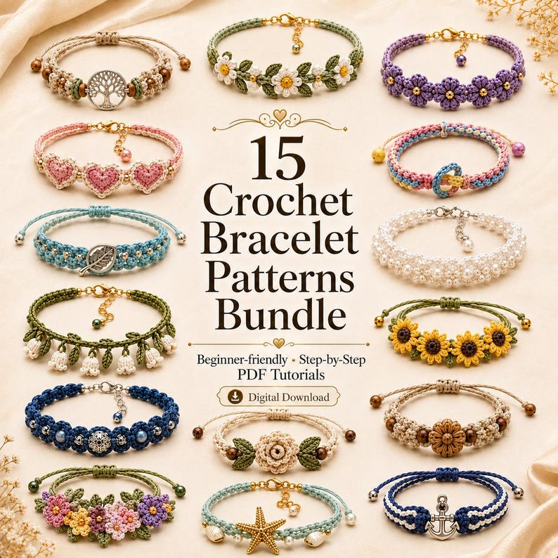 May include: A collection of 15 crochet bracelet patterns displayed as a digital bundle. The image features various handmade bracelets with designs including flowers, hearts, a tree of life, an anchor, and a starfish, alongside the text 15 Crochet Bracelet Patterns Bundle.