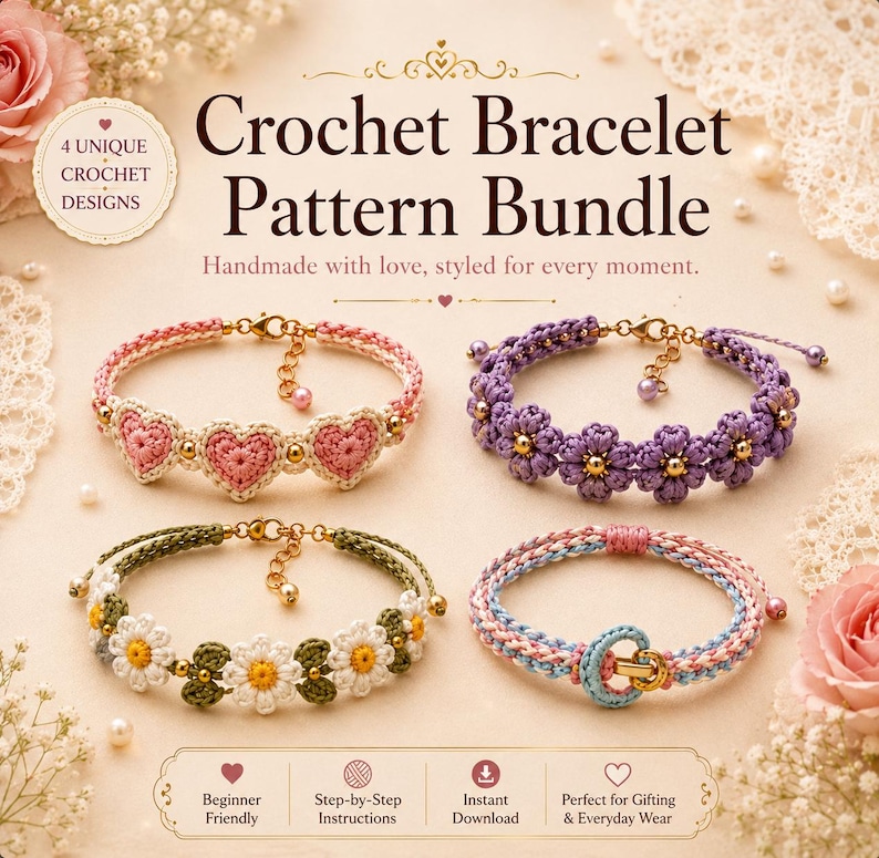 May include: A digital graphic displaying a Crochet Bracelet Pattern Bundle with four bracelet designs: one with pink hearts, one with purple flowers, one with white daisies and green leaves, and one with a blue and pink braided band with a gold ring.