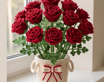 Crochet Rose Bouquet Pattern PDF, Red Roses in Bow Basket, Home Decor Beginner Tutorial