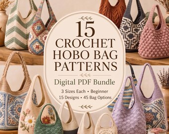 15 Beginner Crochet Bag Patterns PDF Bundle, Boho Market Tote,Granny Square Purse