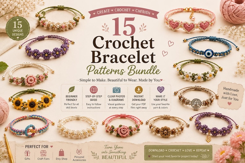 May include: A digital graphic displaying 15 crochet bracelet patterns, featuring various floral, heart, and beaded designs. The text reads 15 Crochet Bracelet Patterns Bundle, Create Crochet Cherish, and includes icons for beginner-friendly instructions.