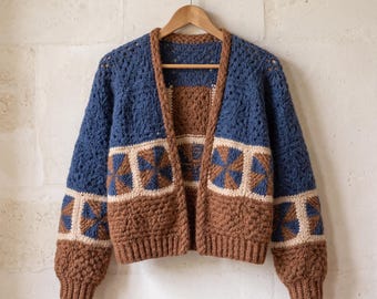 Handmade Crochet Granny Square Cardigan, Blue Brown Pinwheel Boho Chunky Oversized Sweater for Women