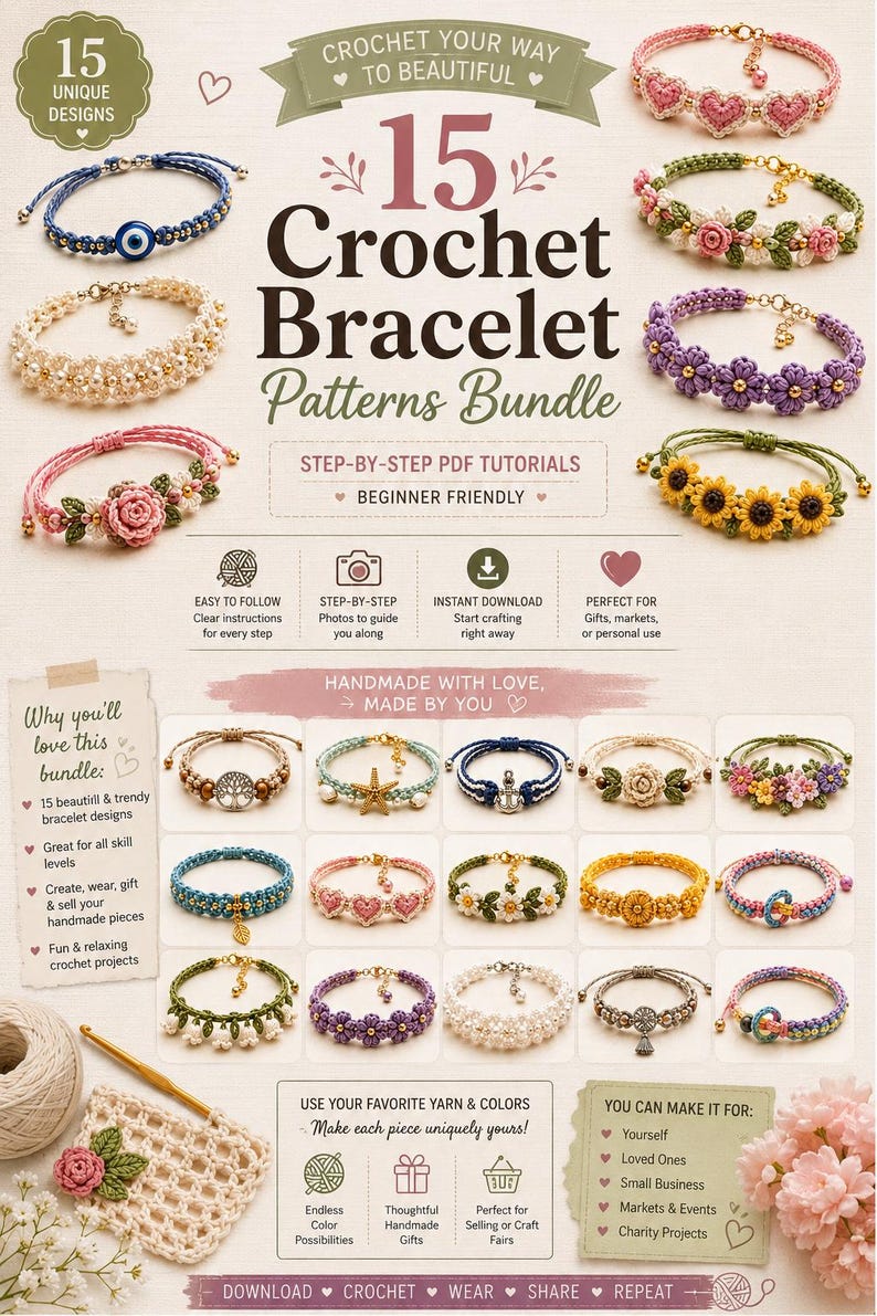 May include: A digital pattern bundle for 15 crochet bracelets featuring step-by-step PDF tutorials. The image displays various finished bracelet designs including floral, heart, and nautical motifs, alongside a crochet hook and yarn.