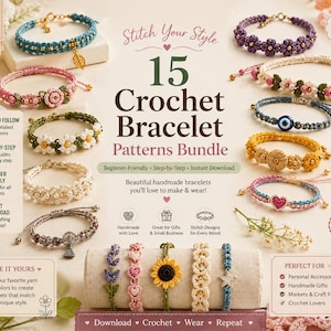 May include: A digital bundle of 15 crochet bracelet patterns featuring various designs including floral, heart, and evil eye motifs. The image displays multiple finished bracelets in colors like blue, pink, yellow, and white, with text overlays.