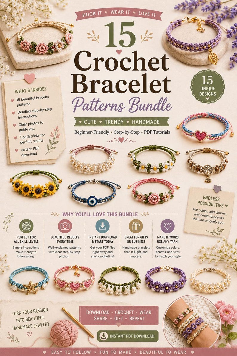 May include: A digital flyer titled 15 Crochet Bracelet Patterns Bundle featuring images of various handmade bracelets with floral, heart, and bead designs. The layout includes text descriptions of the PDF tutorial contents, download instructions, and a crochet hook.