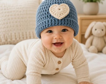 Crochet Baby Hat Pattern, Heart Beanie, Beginner PDF Download Instant