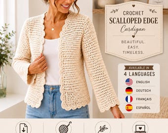 Beginner Crochet Cardigan Pattern, Scalloped Womens Sweater PDF Download