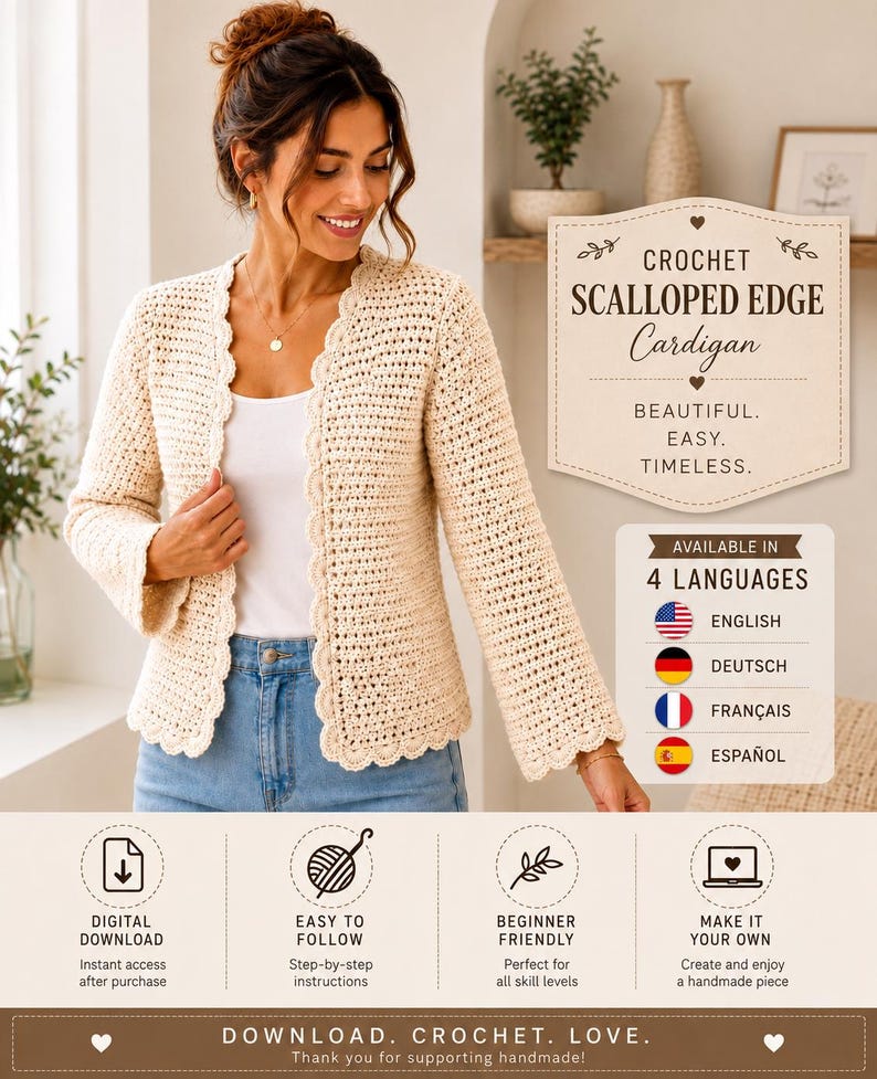 May include: A cream-colored crochet cardigan with long sleeves and a scalloped edge. The image includes text: CROCHET SCALLOPED EDGE Cardigan, BEAUTIFUL. EASY. TIMELESS. AVAILABLE IN 4 LANGUAGES, DIGITAL DOWNLOAD, EASY TO FOLLOW, BEGINNER FRIENDLY, MAKE IT YOUR OWN.