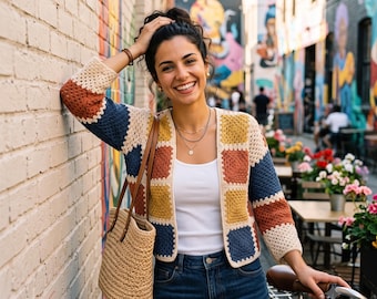 Handmade Granny Square Crochet Cardigan Colorblock Patchwork Boho Jacket Women's Vintage Open Front Sweater