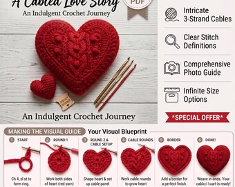 Crochet Cable Heart Pattern, Photo Tutorial, Beginner PDF Valentines Day