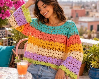 Crochet Top Pattern, Sunset Floral Lace Boho Bell Sleeve, Beginner Summer Crop, PDF Download