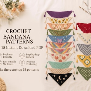 Bundel met 15 haakpatronen voor bandana's, boho driehoekige sjaal en hondenbandana (digitale download).