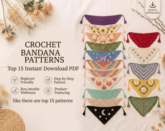 15 Crochet Bandana Patterns Bundle, Boho Triangle Scarf, Dog Bandana Digital Download