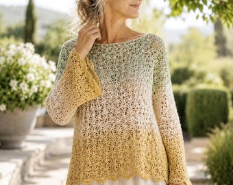 Crochet Sweater Pattern, Ombre Lace Pullover, Beginner Boat Neck Bell Sleeve, PDF Download