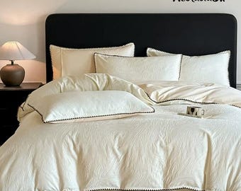 Timeless Cream Textured Wave Bedding Set, All Season Cotton Jacquard Duvet Cover