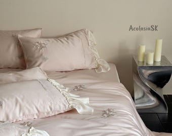 Blush Pink Silky Satin Duvet Cover Set, Elegant Rose Embroidery Bedding