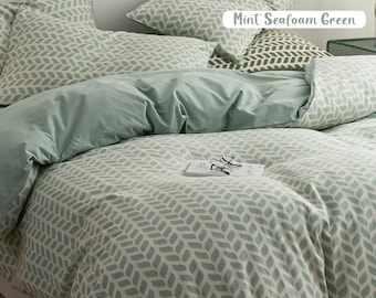 Green Leaf Geometric Cotton Duvet Cover Set, Minimalist Bedding All Season